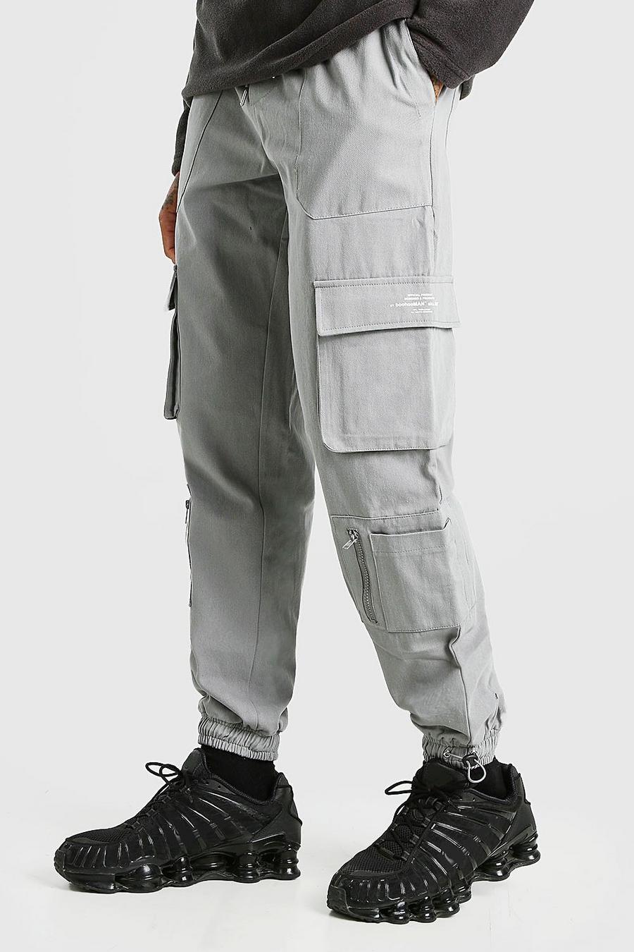 Pantaloni cargo in twill con tasche e cordini elastici, Grigio scuro image number 1