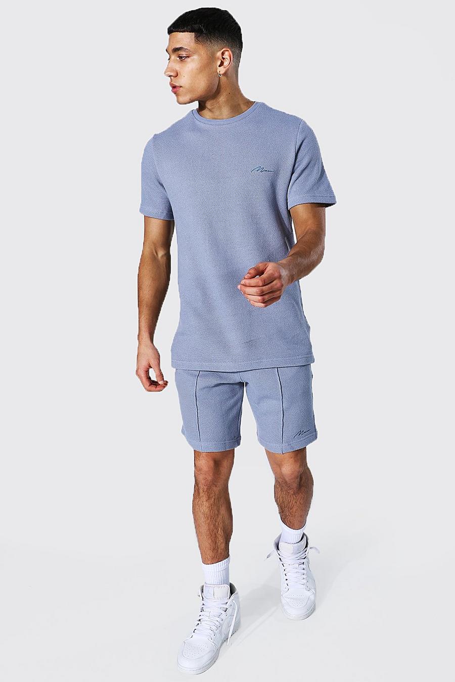 Blue Man Pique Slim Fit T-Shirt En Shorts Met Biezen Set image number 1