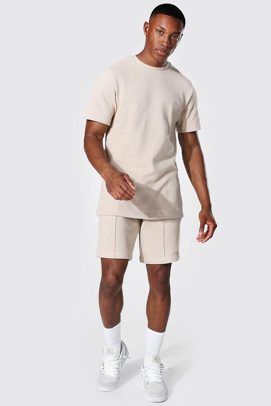 Set T-shirt Man Slim Fit in piqué & pantaloncini con nervature, Pietra image number 1