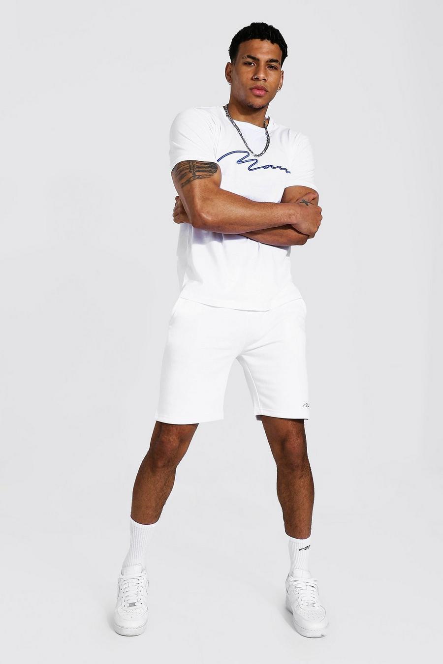 White 3d Man Embroidered T-shirt & Short Set image number 1