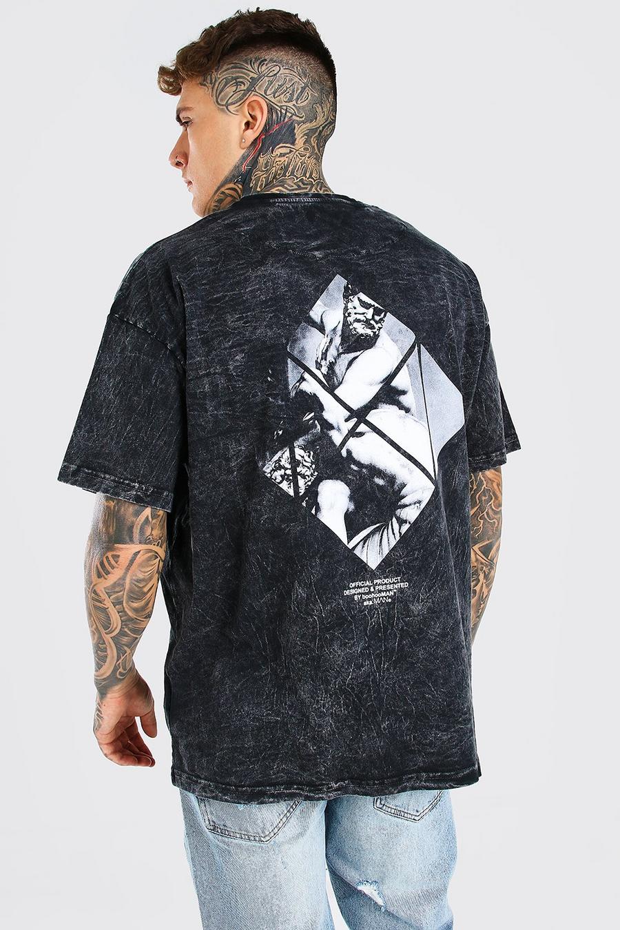 Charcoal Acid Wash Gebleekte Oversized Renaissance Print T-Shirt image number 1