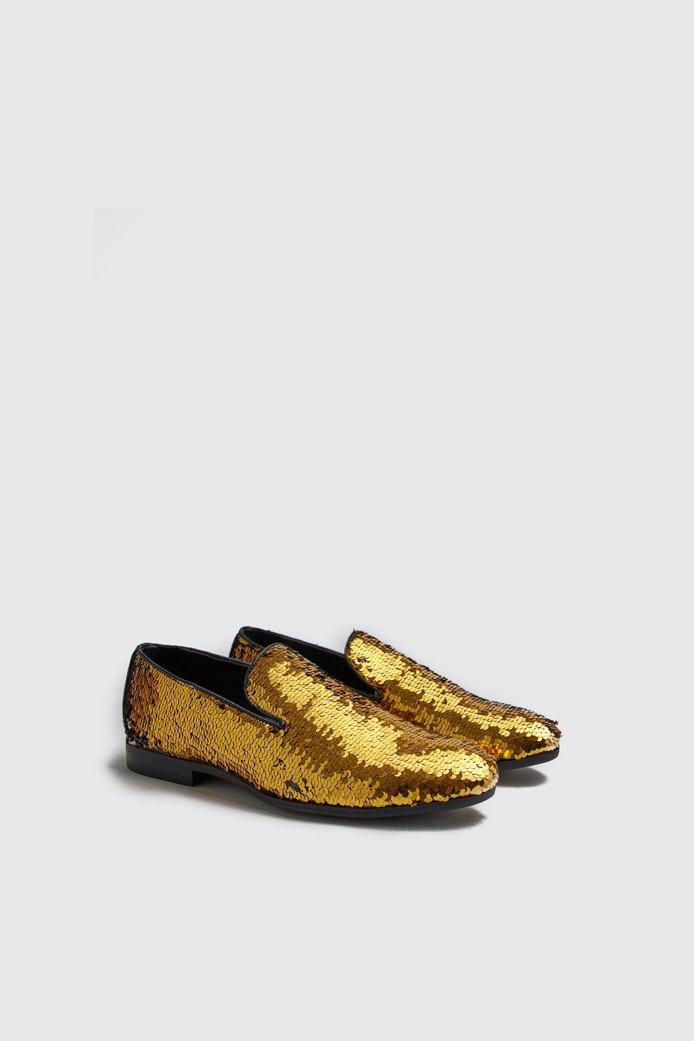 gold sequin loafers