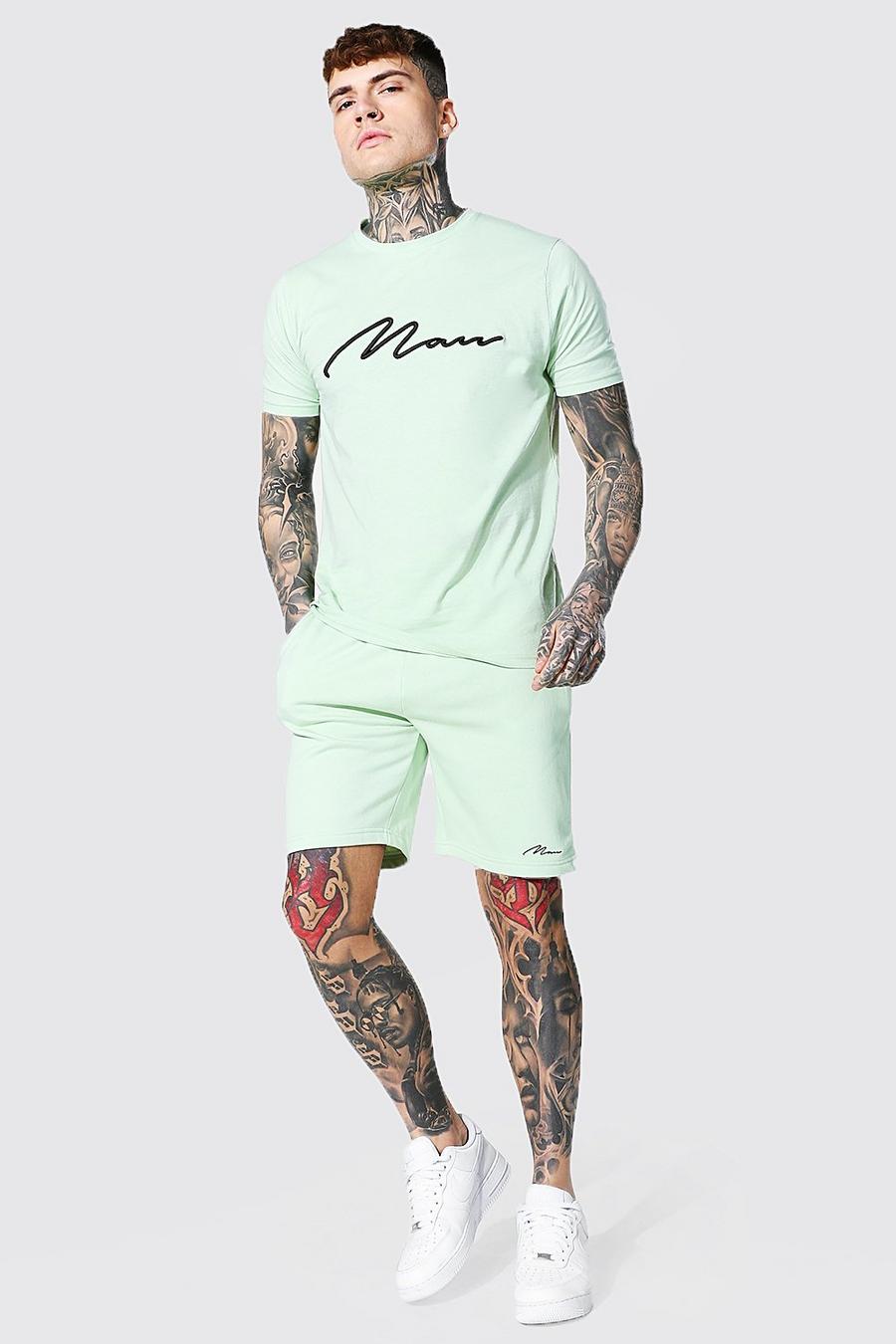Conjunto de pantalones cortos y camiseta con bordado MAN en 3D, Verde salvia image number 1