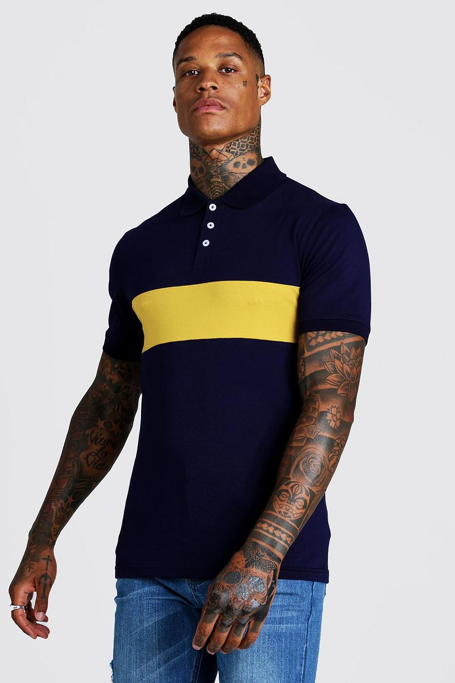 Navy Colour Block Muscle Fit Polo image number 1