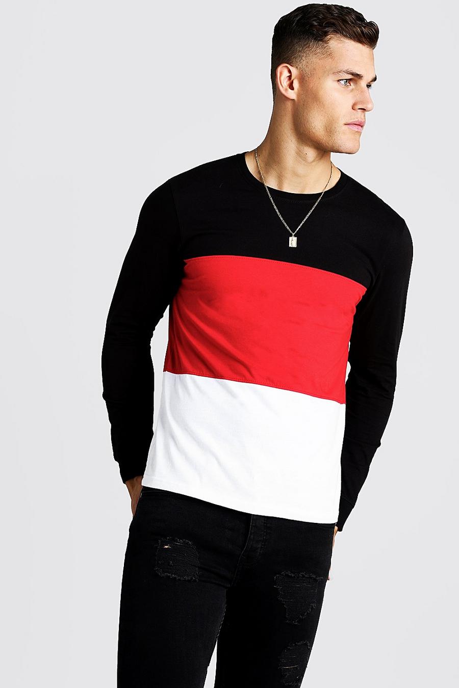 Red Colour Block Long Sleeve T-Shirt image number 1