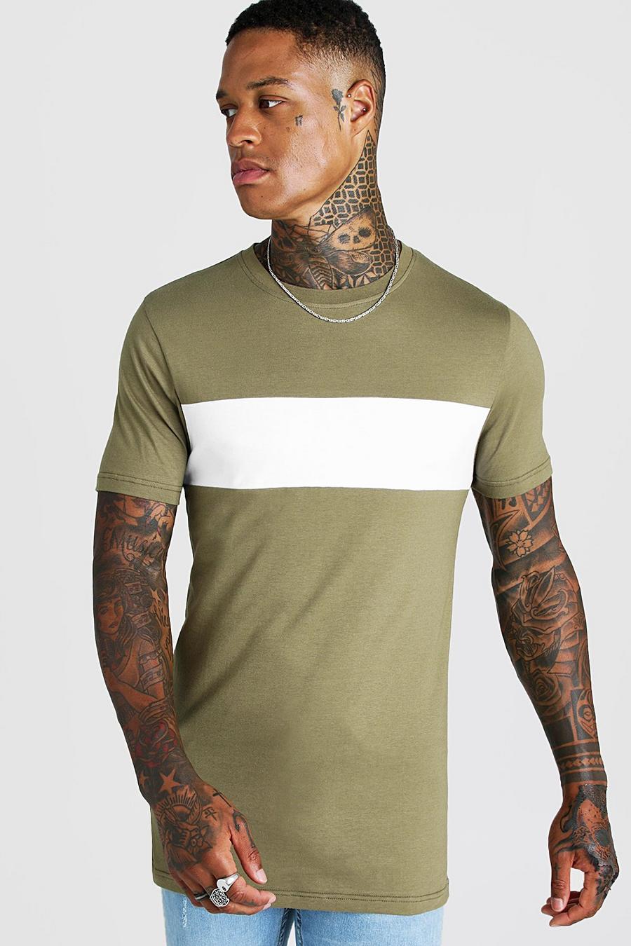 Khaki Colour Block Muscle Fit T-Shirt In Longline image number 1