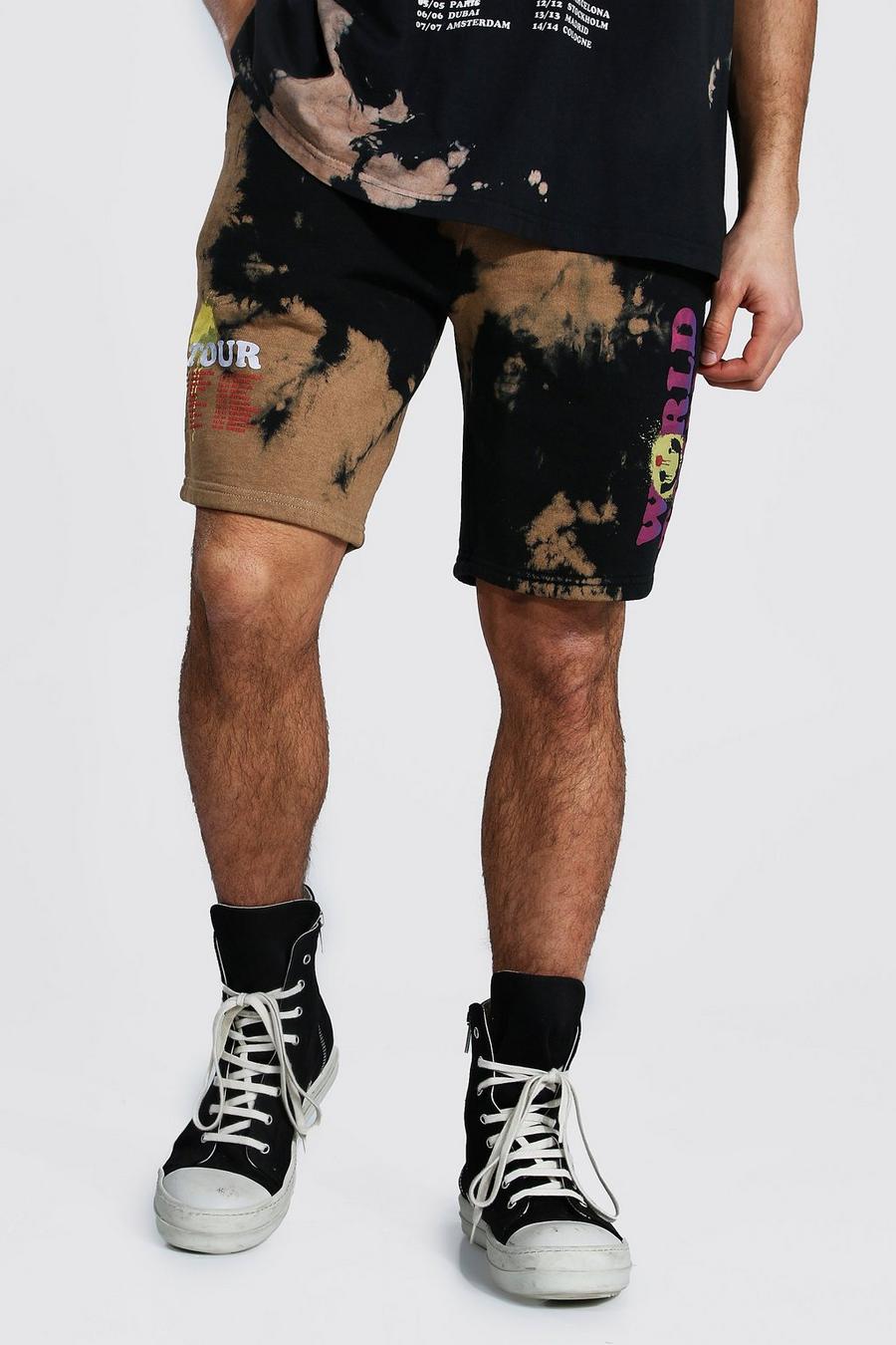 Pantaloncini regular in jersey effetto tie-dye con stampa di viso sgocciolante e scritta Tour, Marrone image number 1