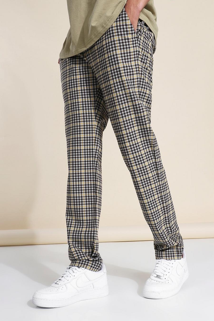 חרדל מכנסי סקיני אלגנטיים עם הדפס משבצות כהה image number 1