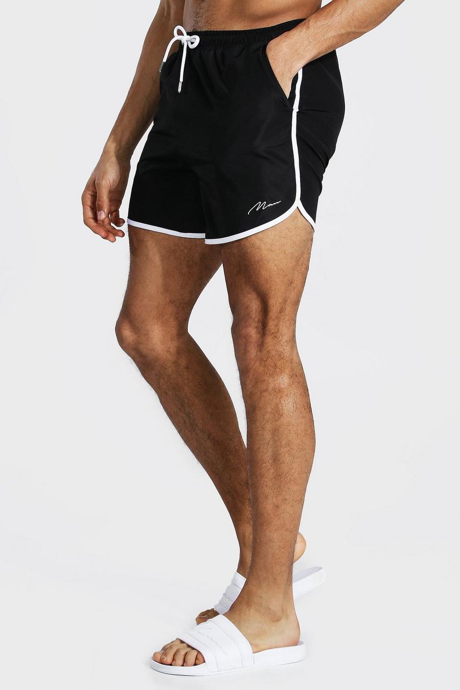 שחור בגד ים ספורטיבי בסגנון ריצה לגברים גבוהים עם חתימת Man image number 1