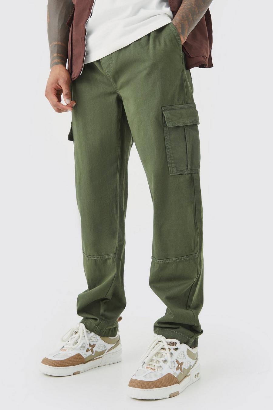 Khaki Elastic Waist Straight Leg Twill Cargo Pants image number 1