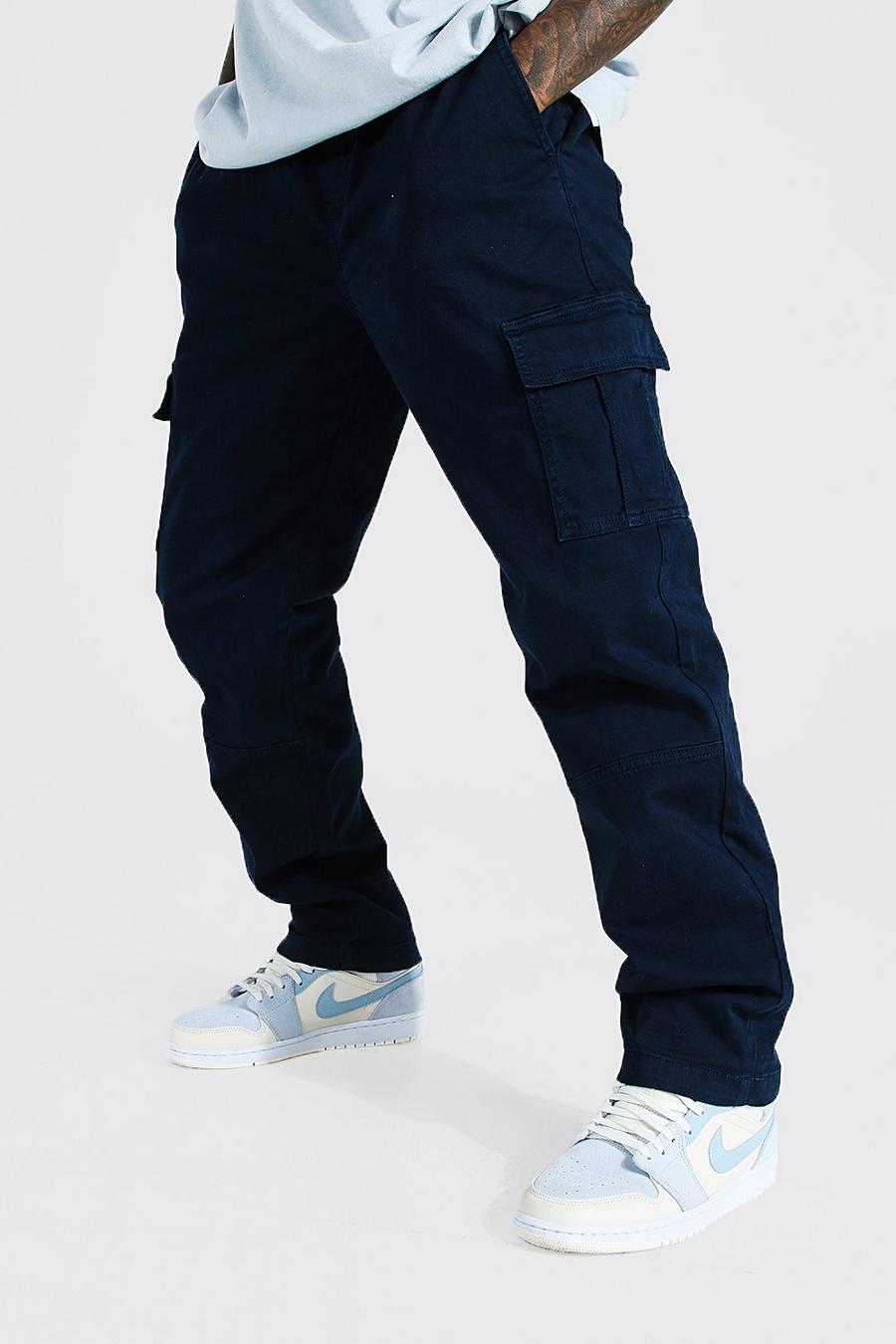 Navy marinblå Elastic Waist Straight Leg Twill Cargo Trouser image number 1