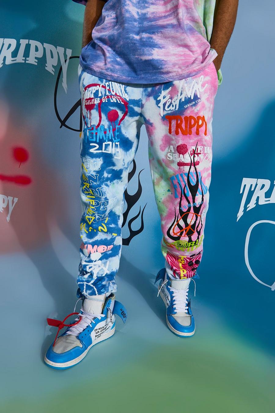 Regular Fit Trippy Graffiti Tie Dye Joggers, Multi image number 1