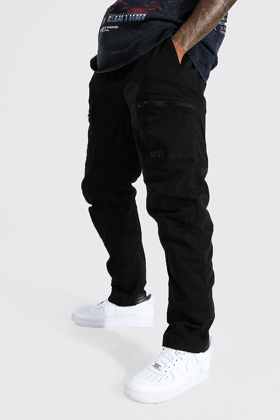 Black Relaxed Fit Twill Cargo Pants With Man Tab image number 1