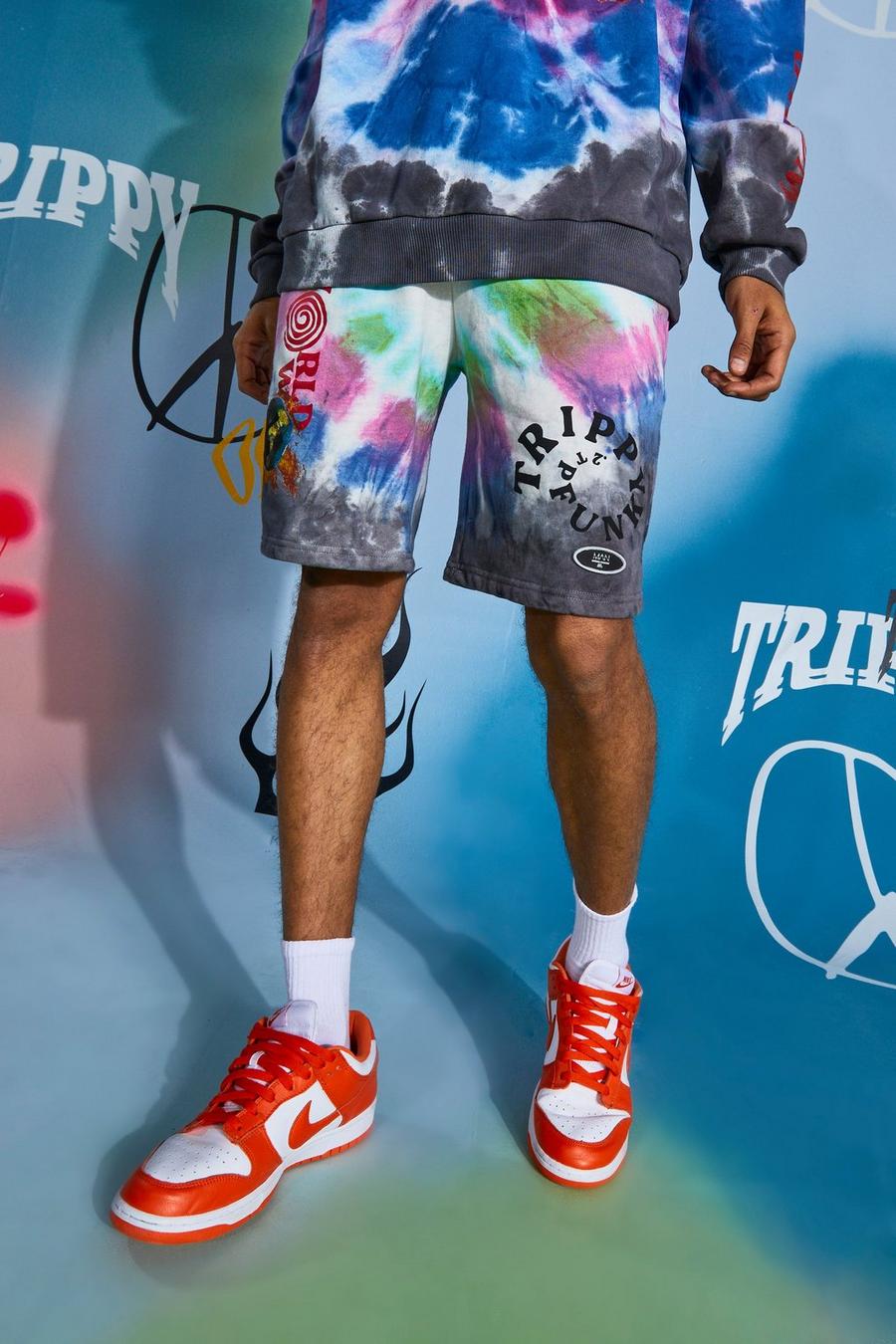 Regular Fit Jersey-Shorts mit Batik-Muster und Worldwide-Motiv, Mehrfarbig image number 1