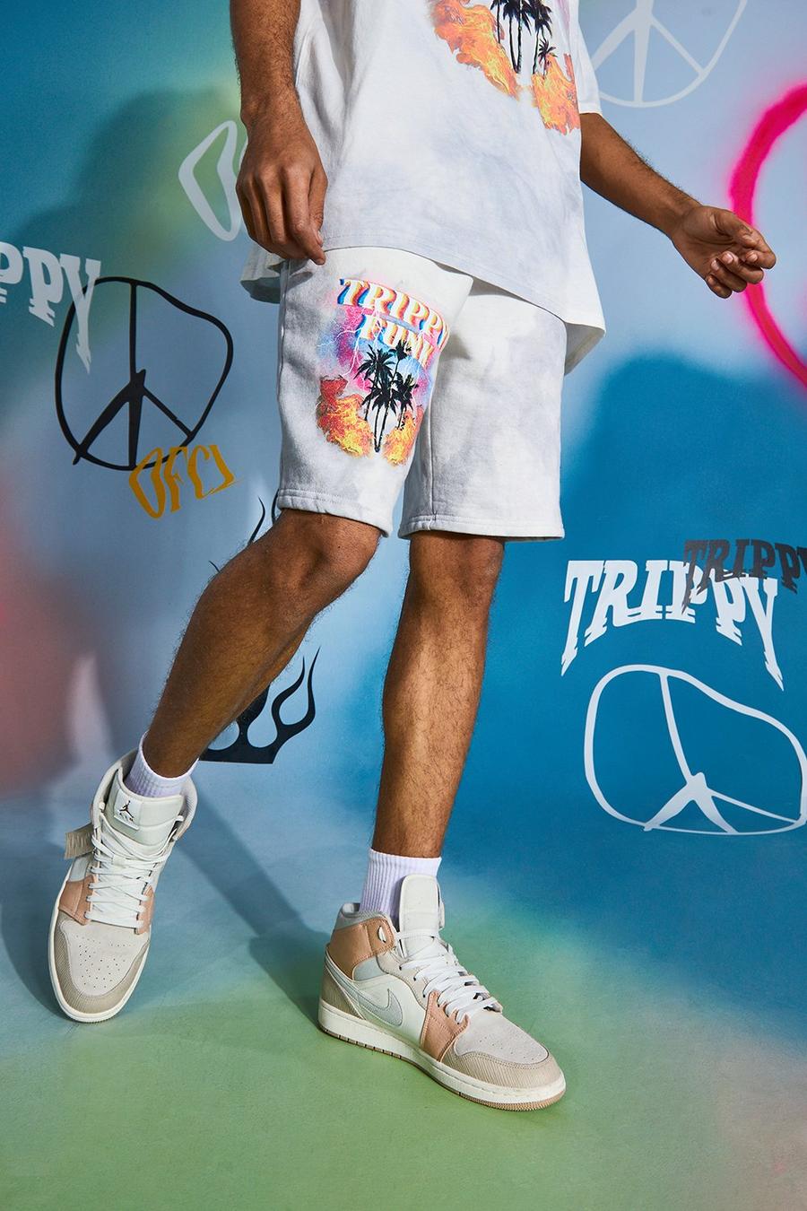 Regular Fit Jersey-Shorts mit Washed-Effekt und Trippy Palm-Print, Grau image number 1