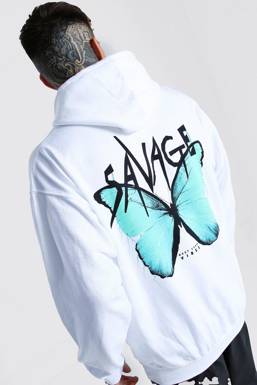 White Oversize hoodie med fjäril och text bak image number 1