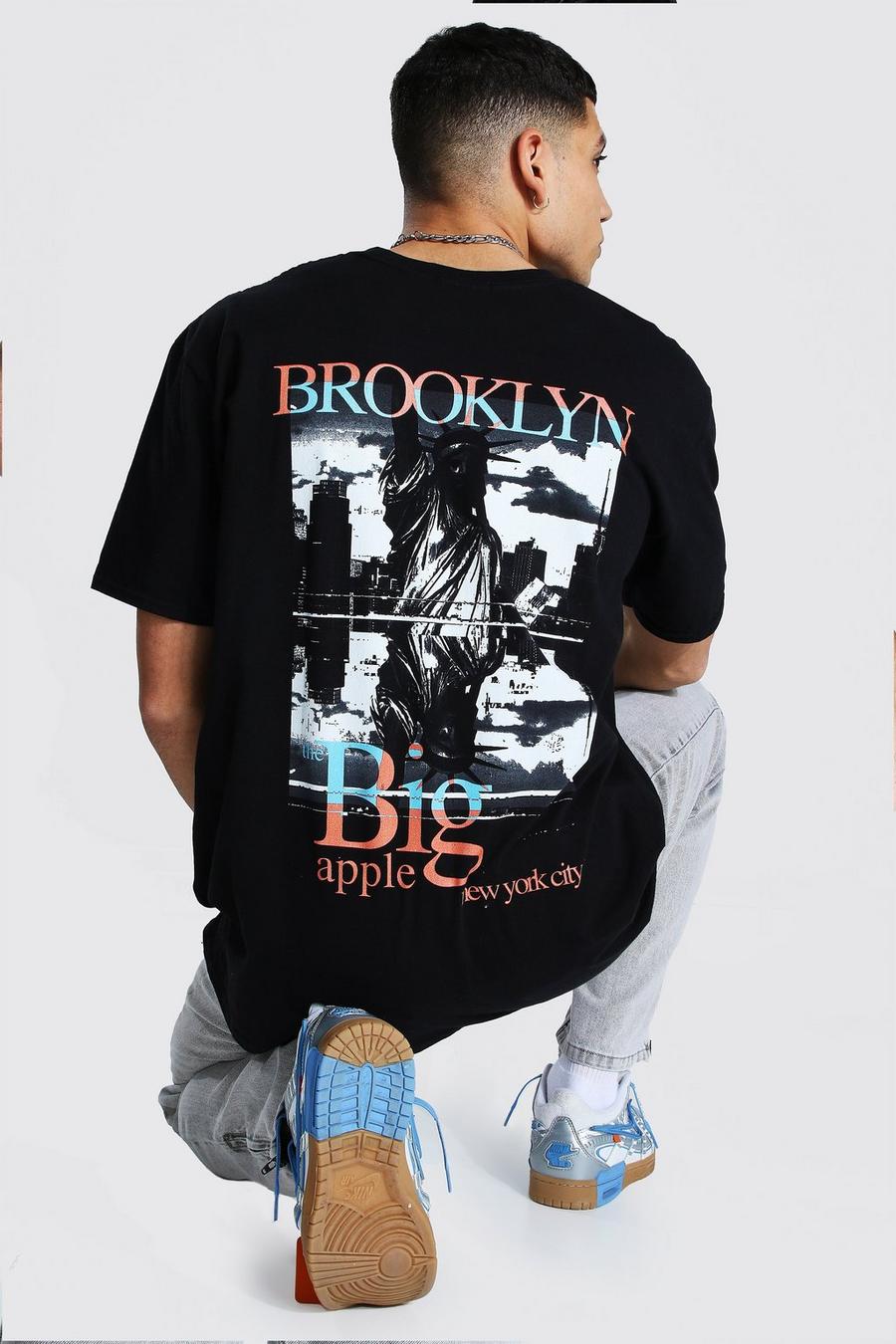 T-Shirt in Übergröße mit Brooklyn-Print hinten, Schwarz image number 1