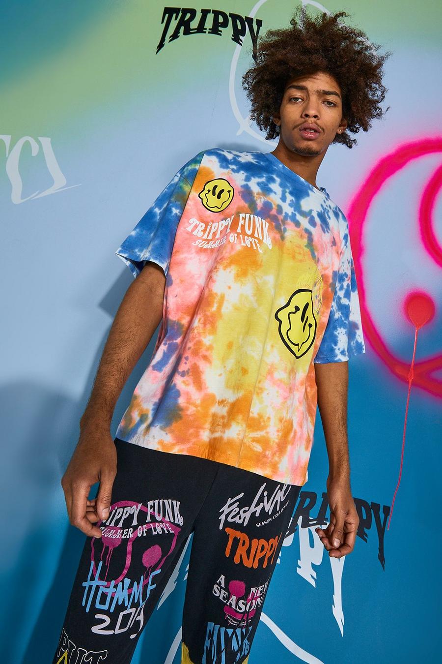 Red Oversized Trippy Drip Face Tie Dye T-shirt image number 1