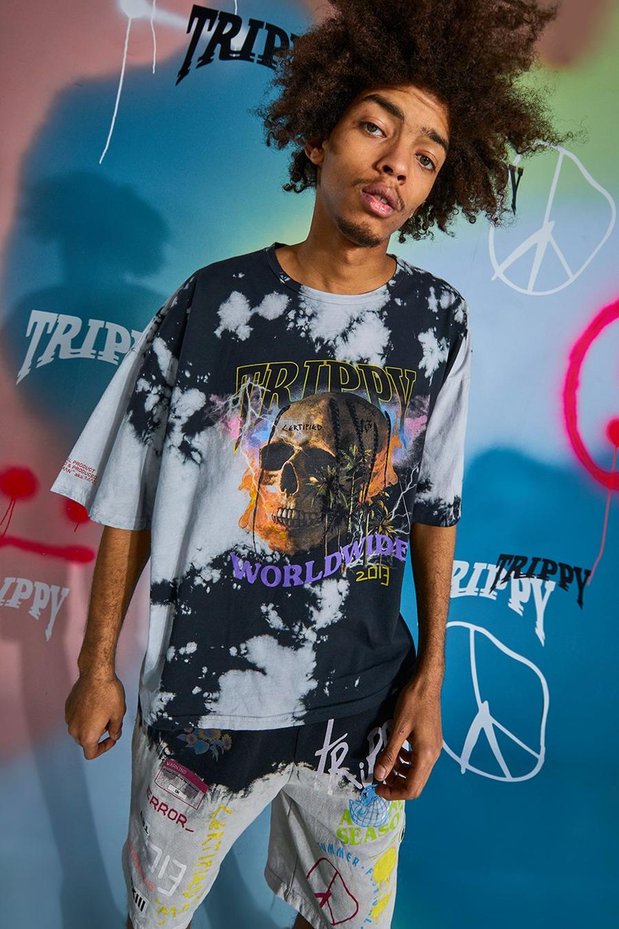 Black Oversized Skull Tour Print Tie Dye T-shirt image number 1