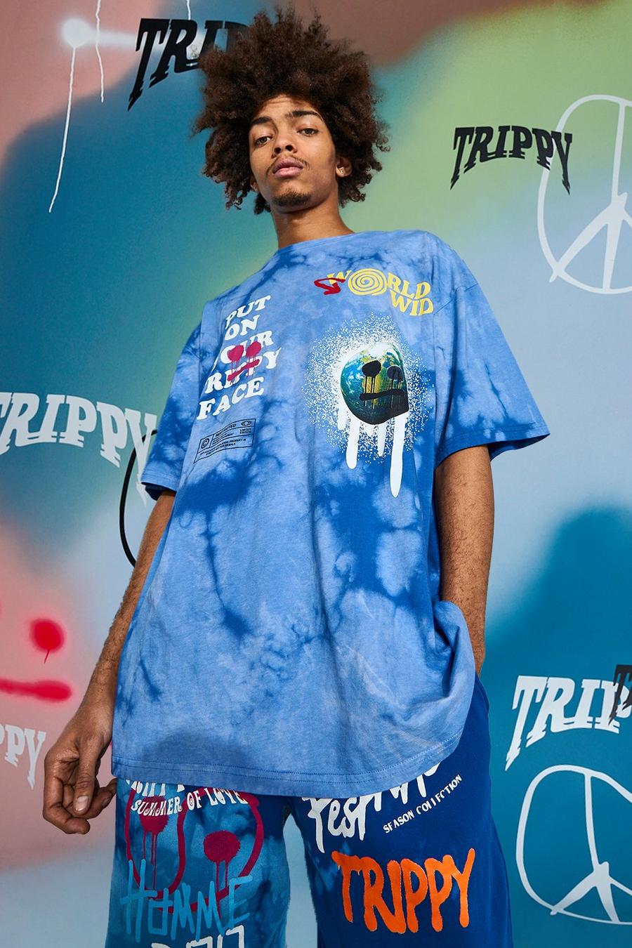 Batik-T-Shirt in Übergröße mit „Drip Face“-Print, Blau image number 1