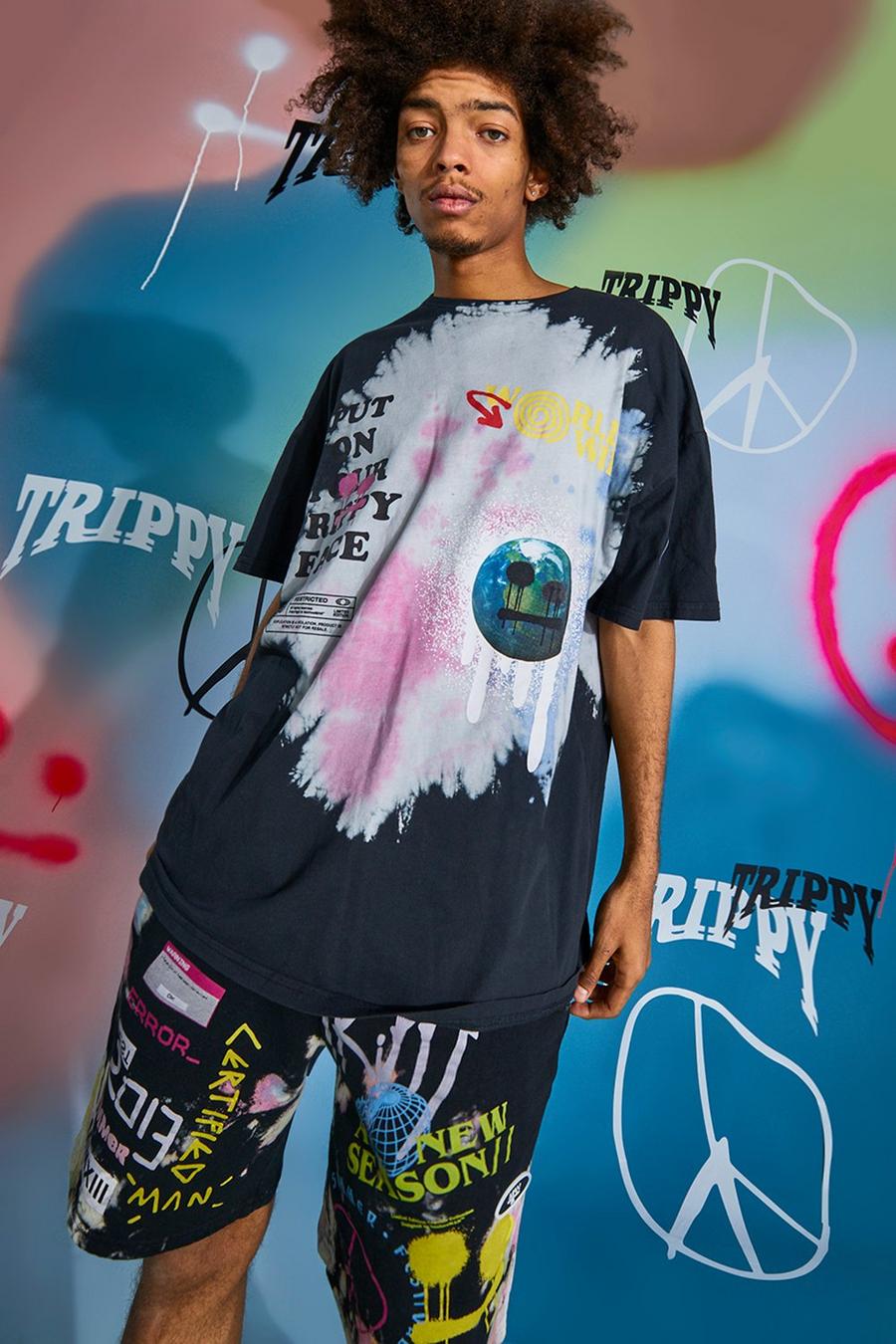 Batik-T-Shirt in Übergröße mit „Drip Face“-Print, Schwarz image number 1