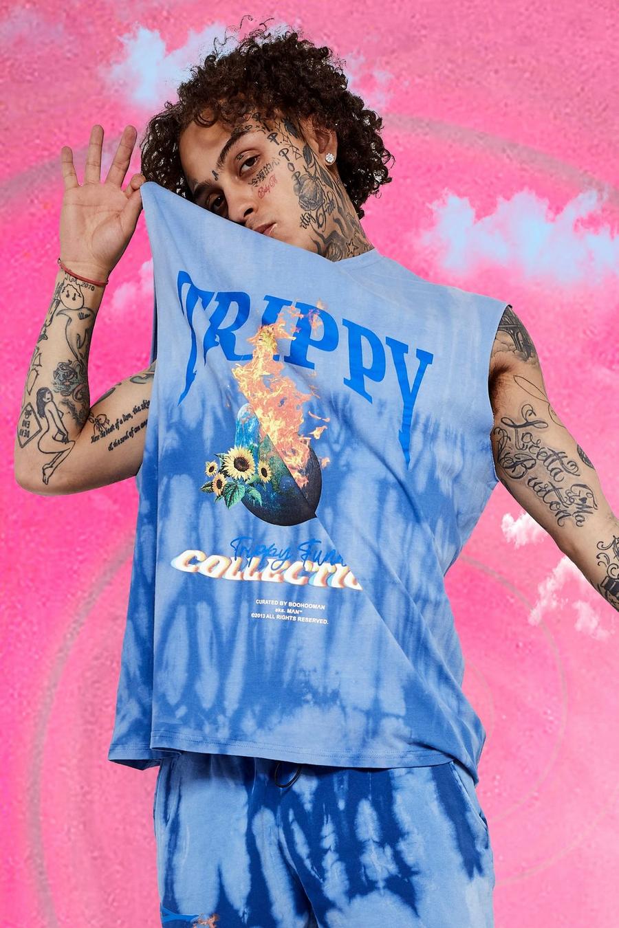 Blue Oversized Trippy Flame Print Tie Dye Tank image number 1