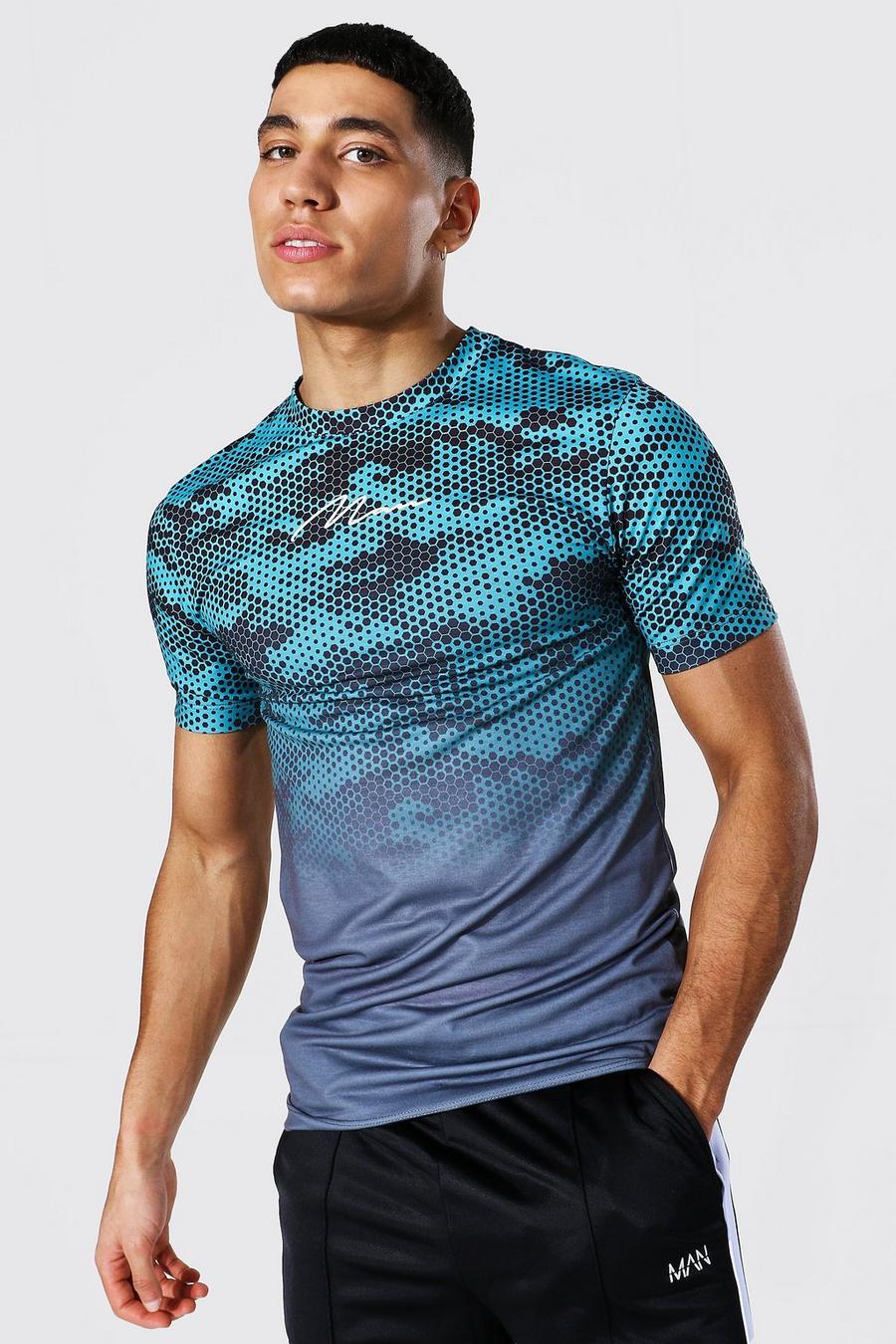Teal Muscle Fit Man Ombre Camo Graphic T-Shirt image number 1