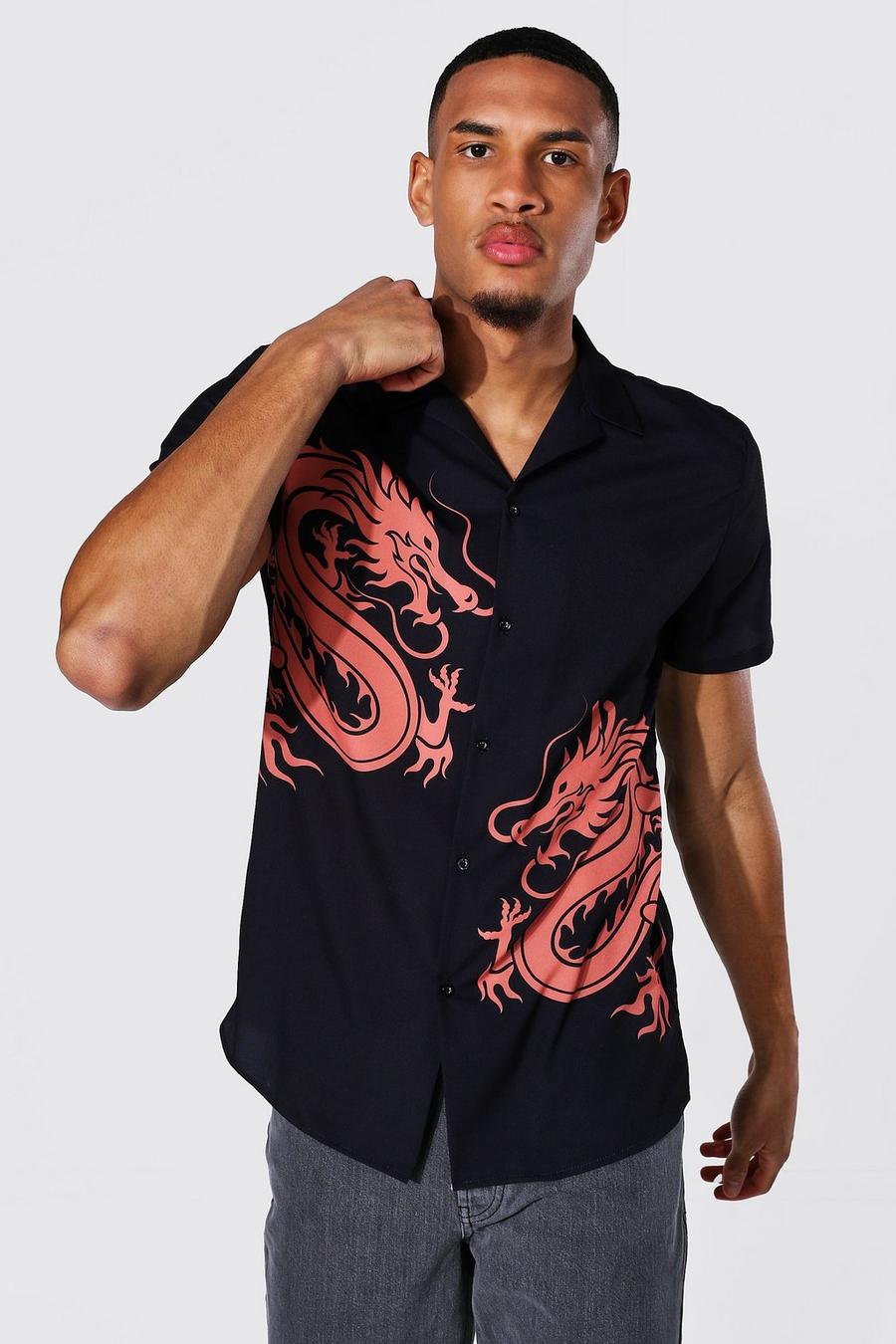שחור חולצה עם הדפס דרקון, שרוולים קצרים וצווארון מחויט לגברים גבוהים image number 1