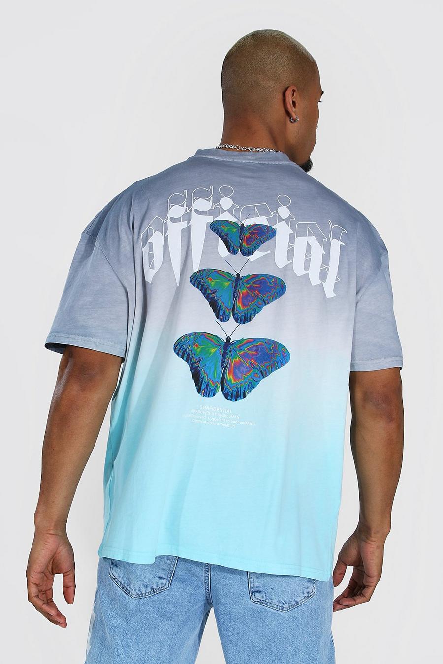 Camiseta ancha con estampado de mariposa en degradado en la espalda, Azul image number 1
