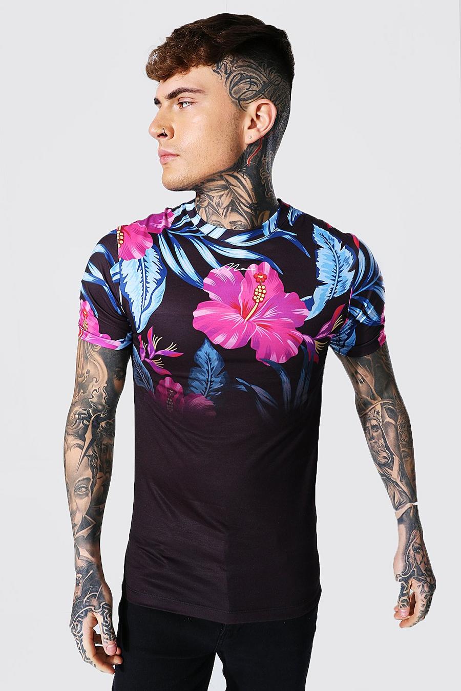 Muscle Fit T-Shirt mit Blumenmuster in Farbverlauf, Mehrfarbig image number 1