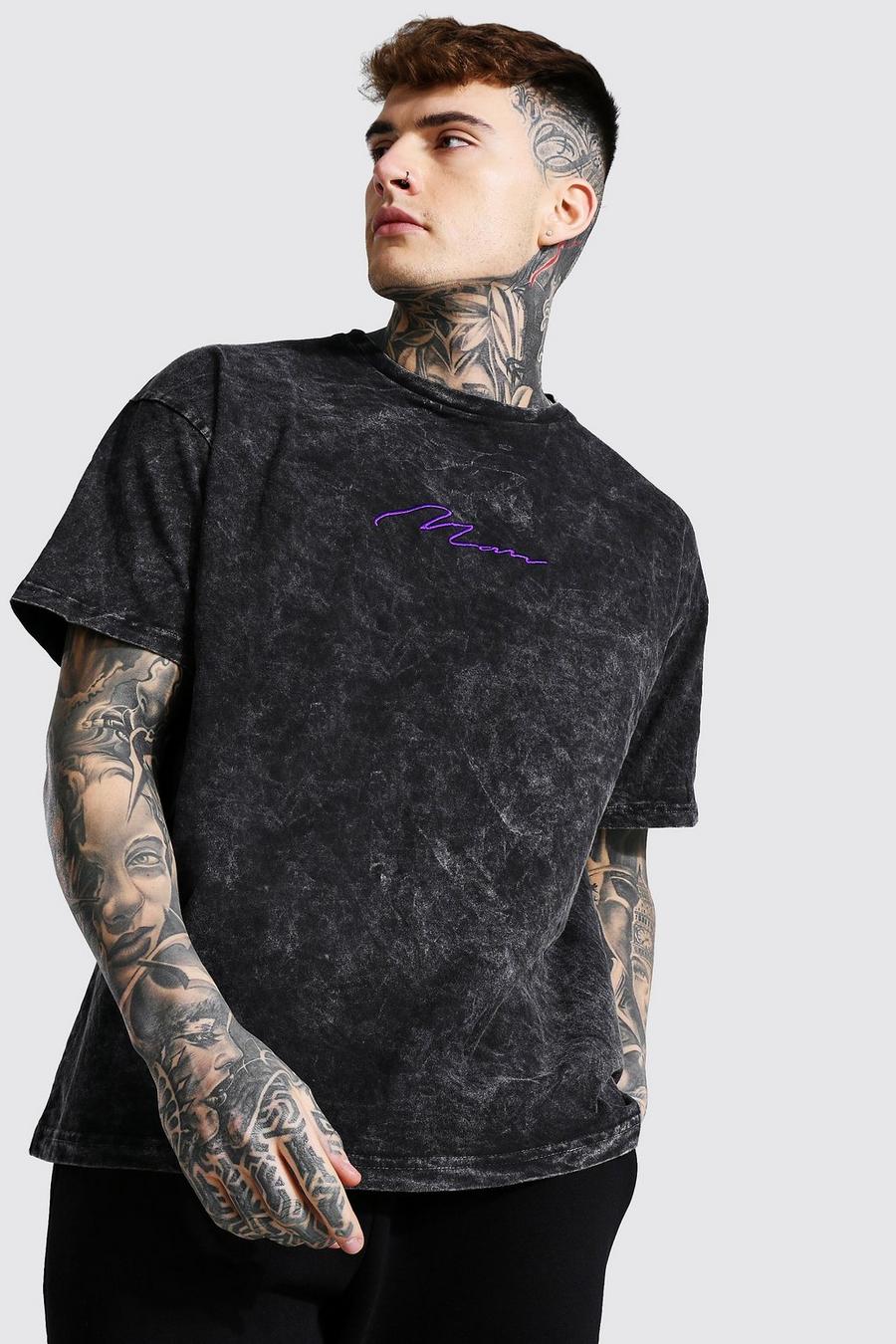 T-shirt oversize a lavaggio acido con firma MAN, Canna di fucile image number 1