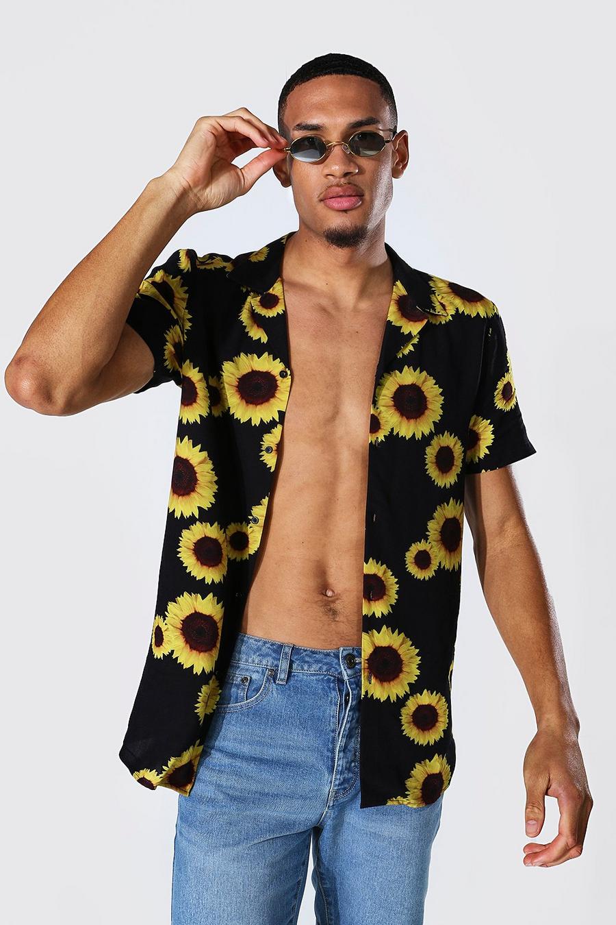 Black Tall Short Sleeve Viscose Sunflower Shirt image number 1