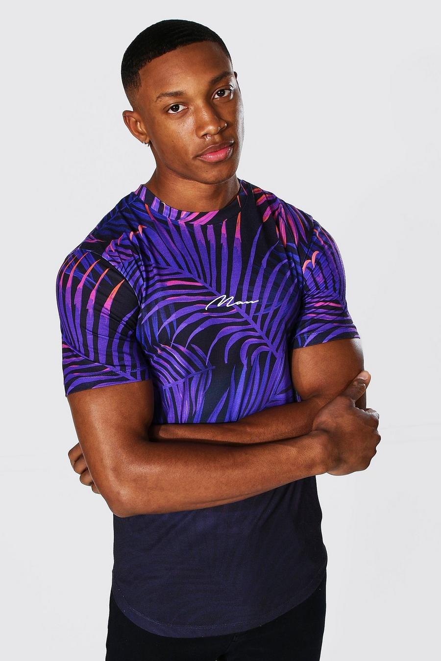 Muscle Fit T-Shirt mit Palm-Print im Farbverlauf und Man-Schriftzug, Violett image number 1