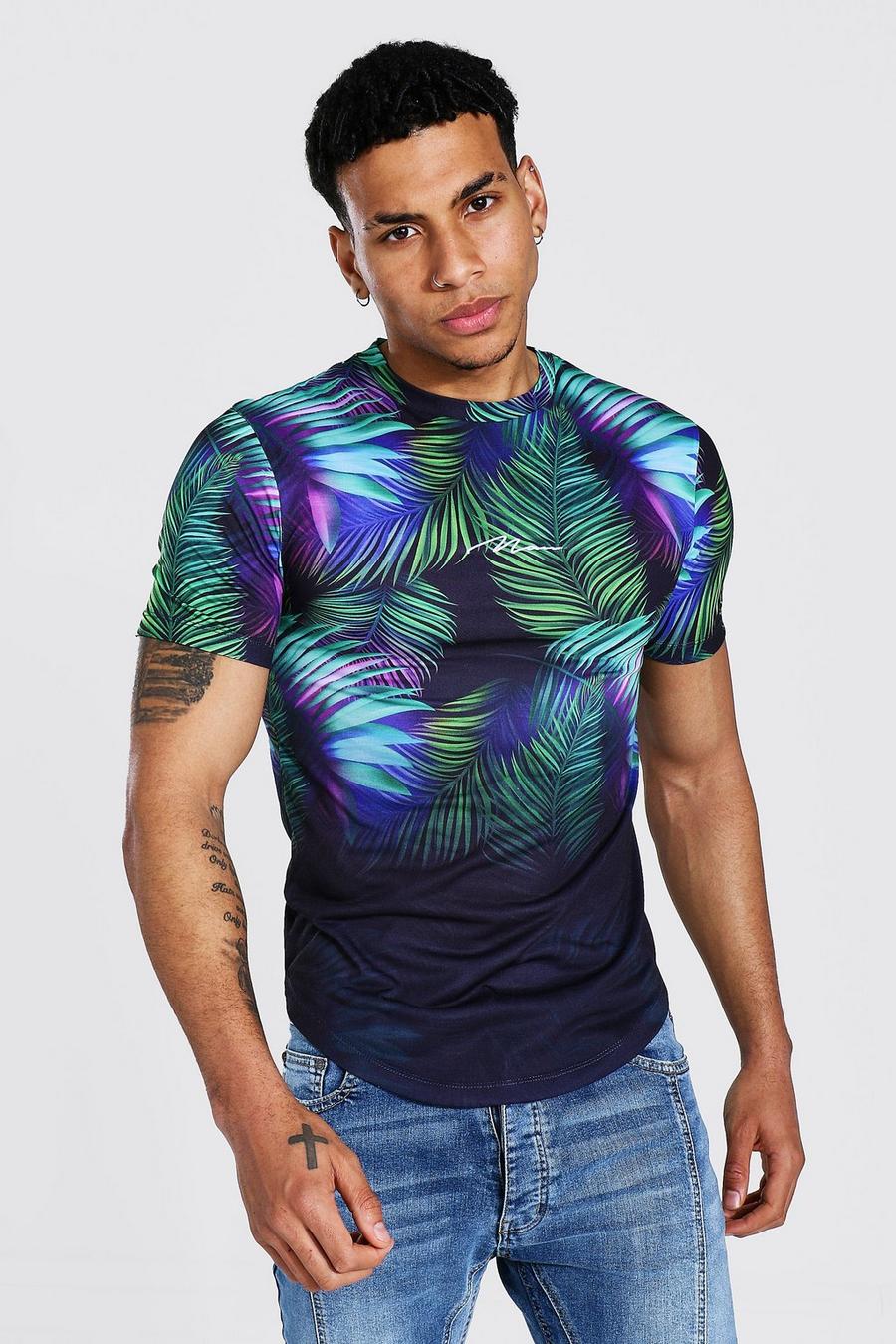 Muscle Fit T-Shirt mit Palm-Print im Farbverlauf und Man-Schriftzug, Grün image number 1