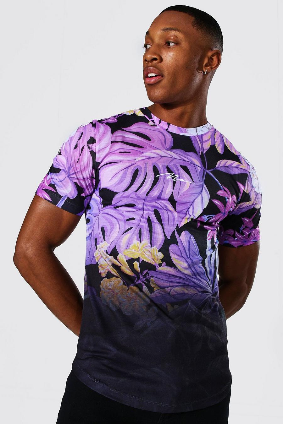 Muscle Fit T-Shirt mit Blumenmuster im Farbverlauf und Man-Schriftzug, Rosa image number 1