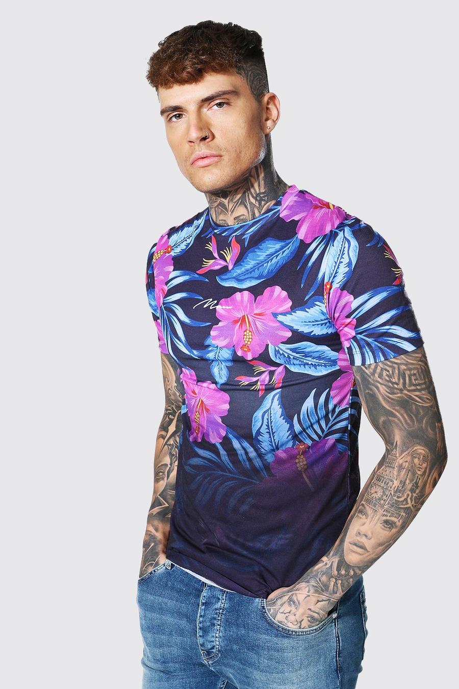 Black Muscle Fit Man Signature Floral Ombre T-shirt image number 1