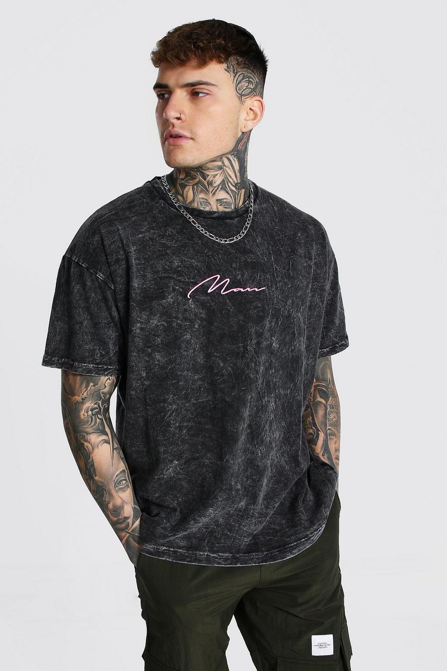 T-shirt oversize a lavaggio acido con firma MAN, Canna di fucile grigio image number 1