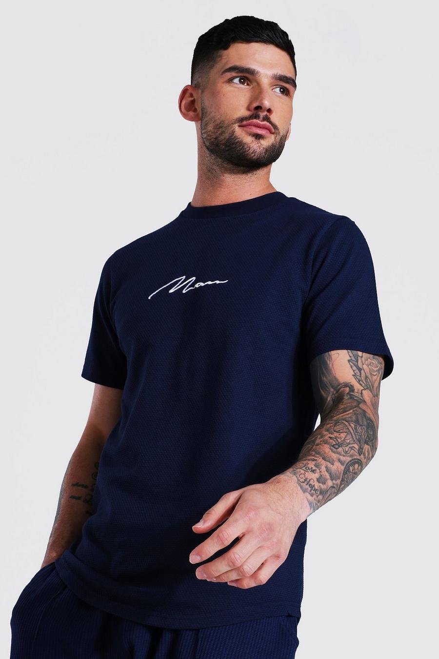 Navy Man Waffle T-Shirt With Curved Hem image number 1