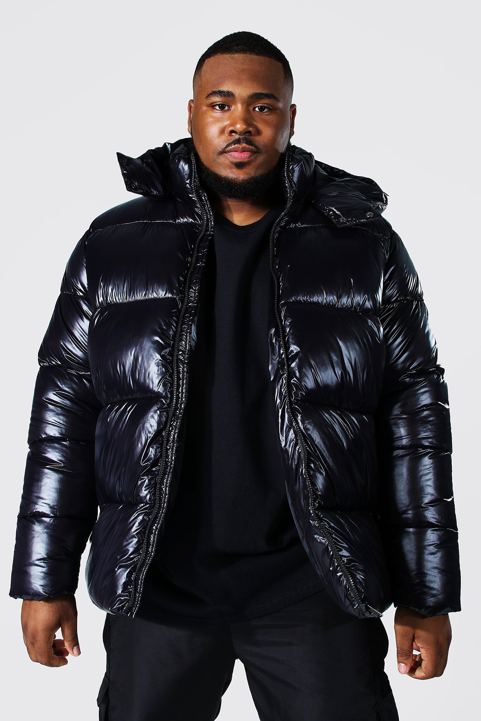 boohoo 再入荷！ハイシャイン パネル パファー ジャケット 黒 BoohooMAN High Shine Hooded Puffer Jacket in Black for Men