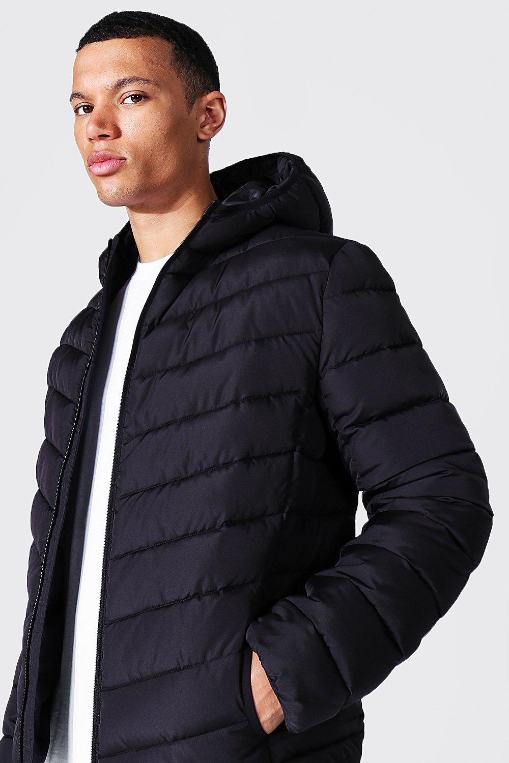 boohoo Mens Quilted Zip Through Jacket with Hood - Black L