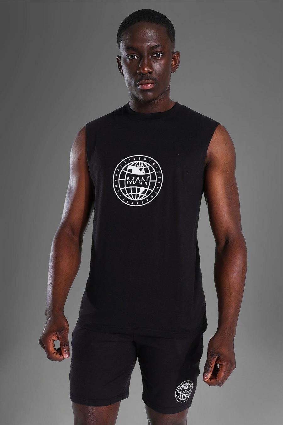 Camiseta de tirantes de nadador con gráfico y sisa caída Active Man, Negro image number 1