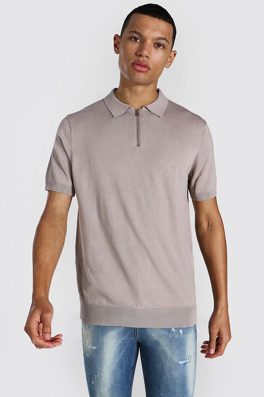 אפור חום חולצת פולו סרוגה עם רוכסן חלקי ושרוול קצר לגברים גבוהים image number 1