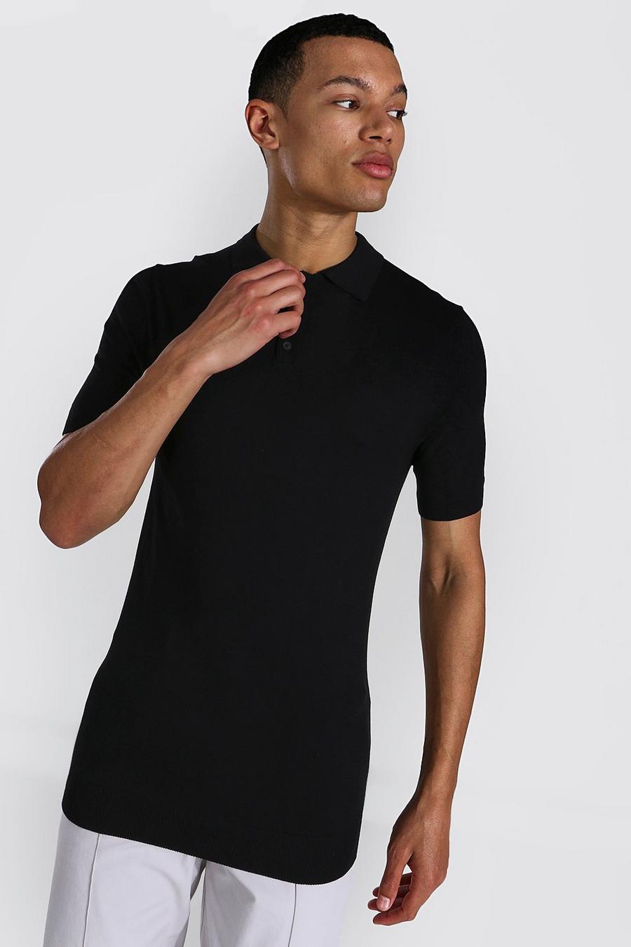Tall kurzärmliges Muscle-Fit Strick-Poloshirt, Black image number 1