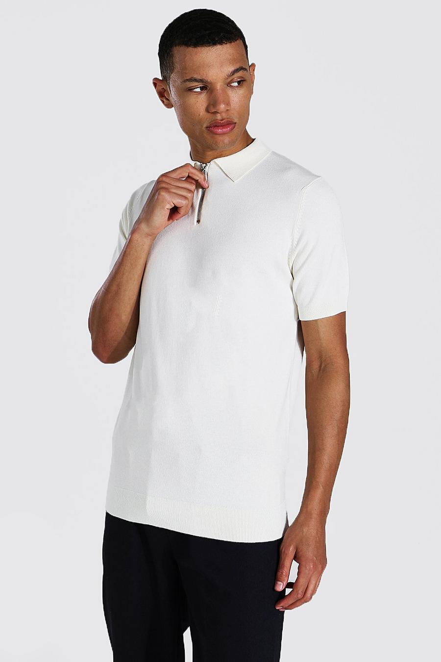 Tall kurzärmliges Strick-Poloshirt mit Reißverschluss, Cream image number 1