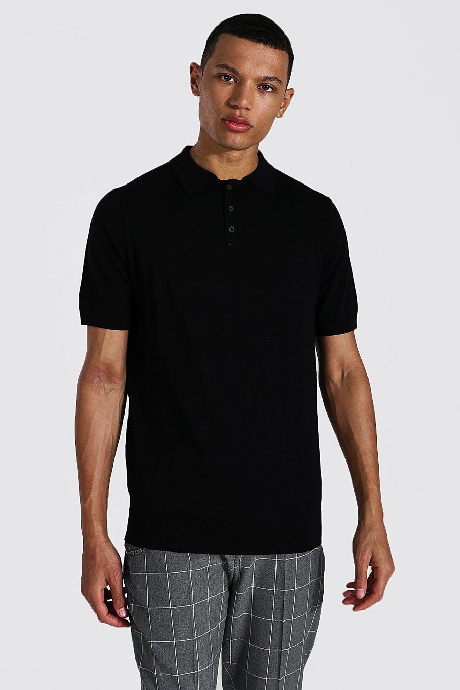 Black Tall Short Sleeve Regular Fit Knitted Polo image number 1