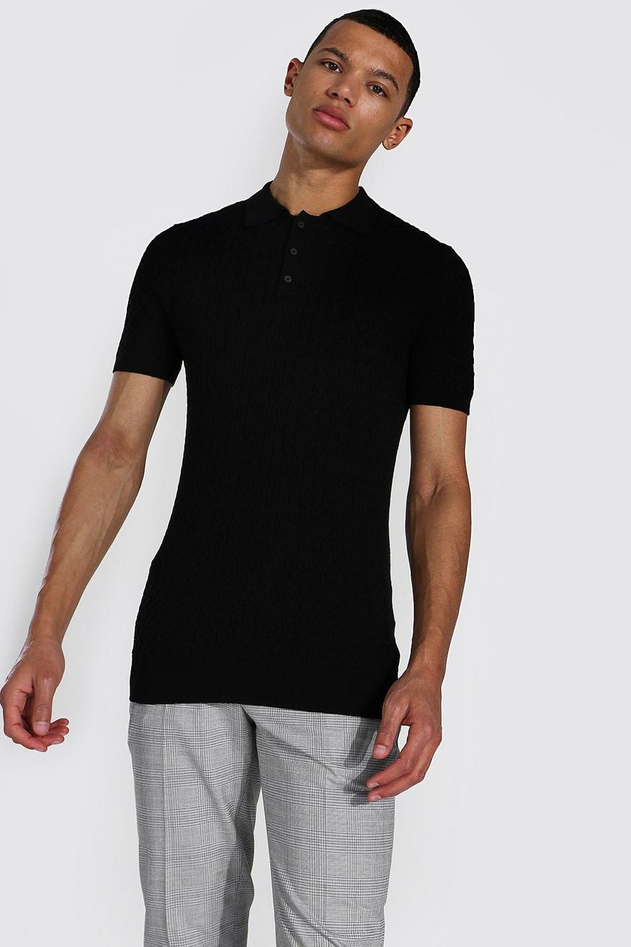 Black Tall Short Sleeve Muscle Fit Cable Knit Polo image number 1