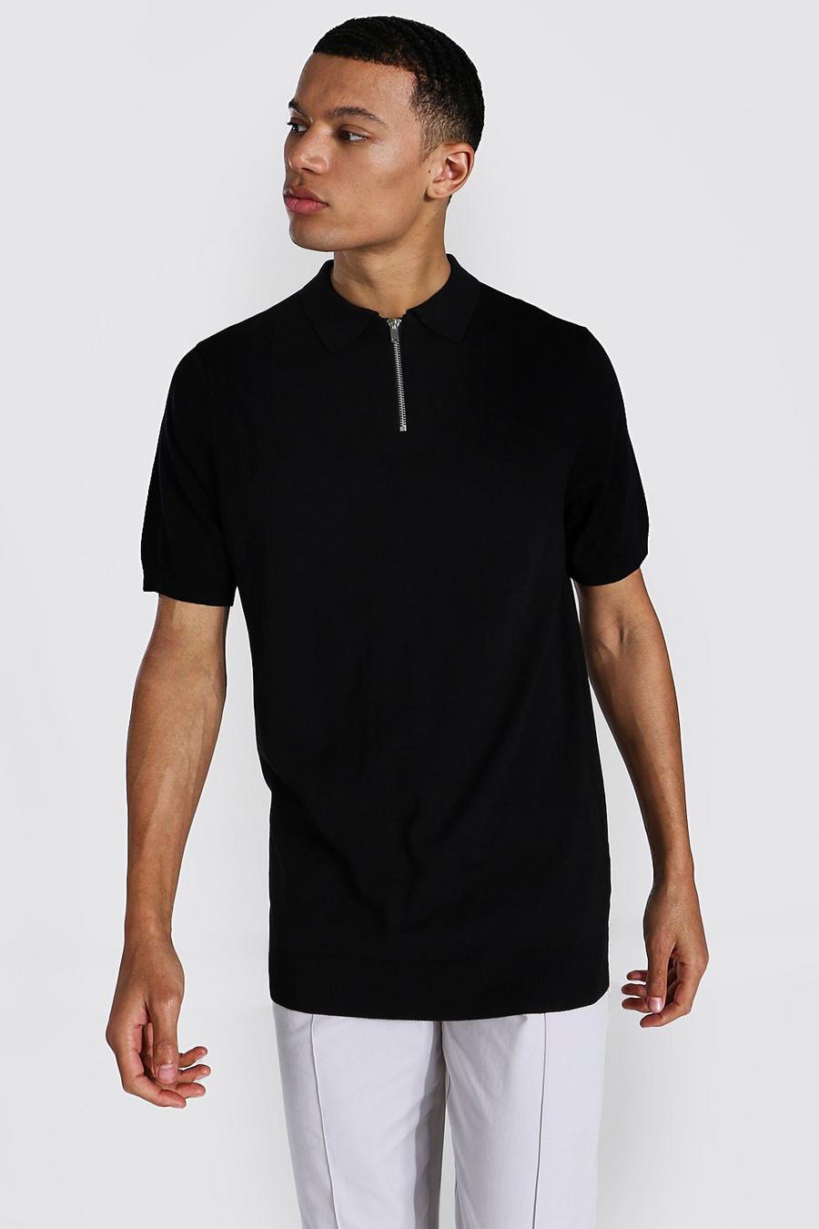 שחור חולצת פולו סרוגה עם רוכסן חלקי ושרוול קצר לגברים גבוהים image number 1
