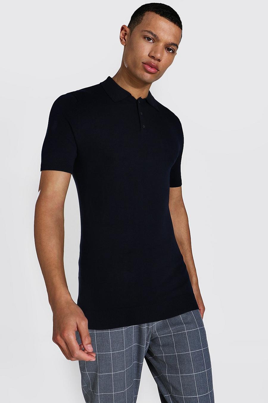 Navy Tall Short Sleeve Muscle Fit Knitted Polo image number 1