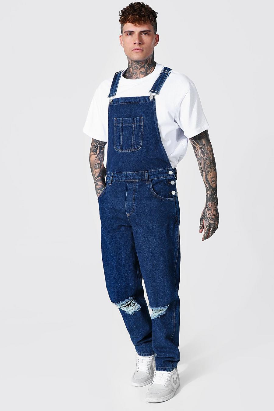Mid blue Relaxed Fit Busted Knee Long Dungaree image number 1