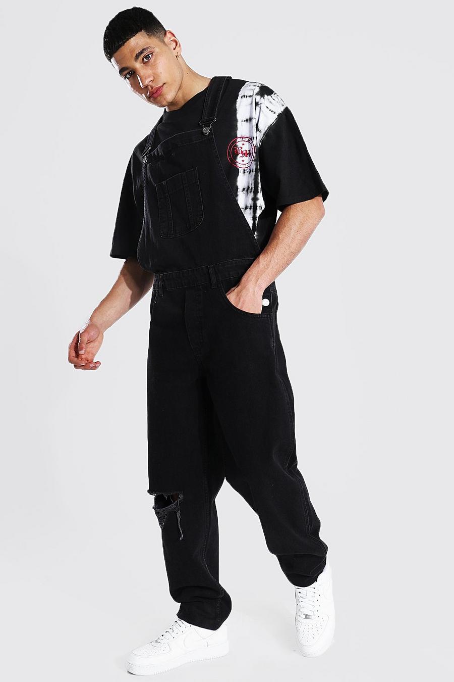 True black Relaxed Fit Busted Knee Frayed Hem Dungaree image number 1
